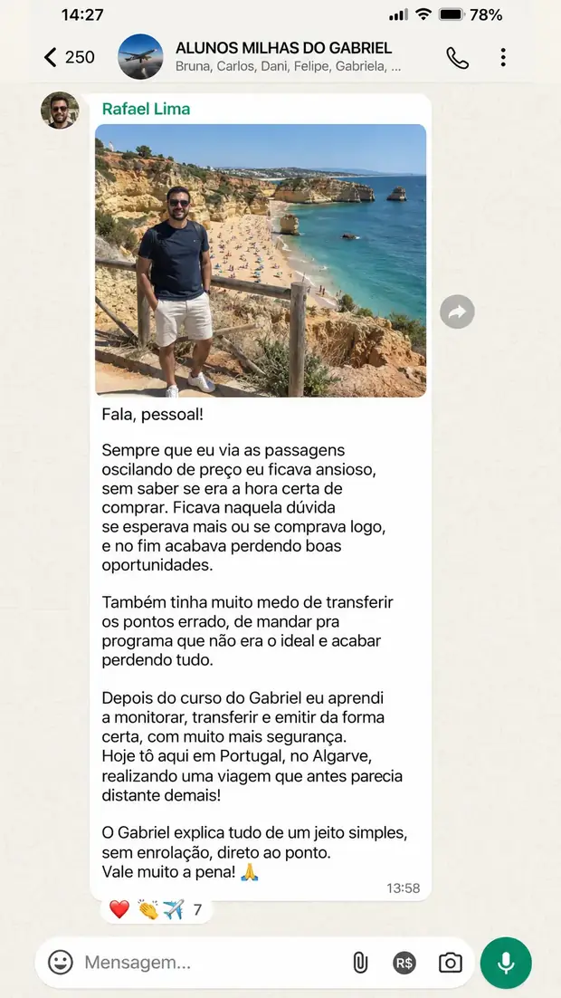 Depoimento de aluno do curso Milhas do Zero na comunidade