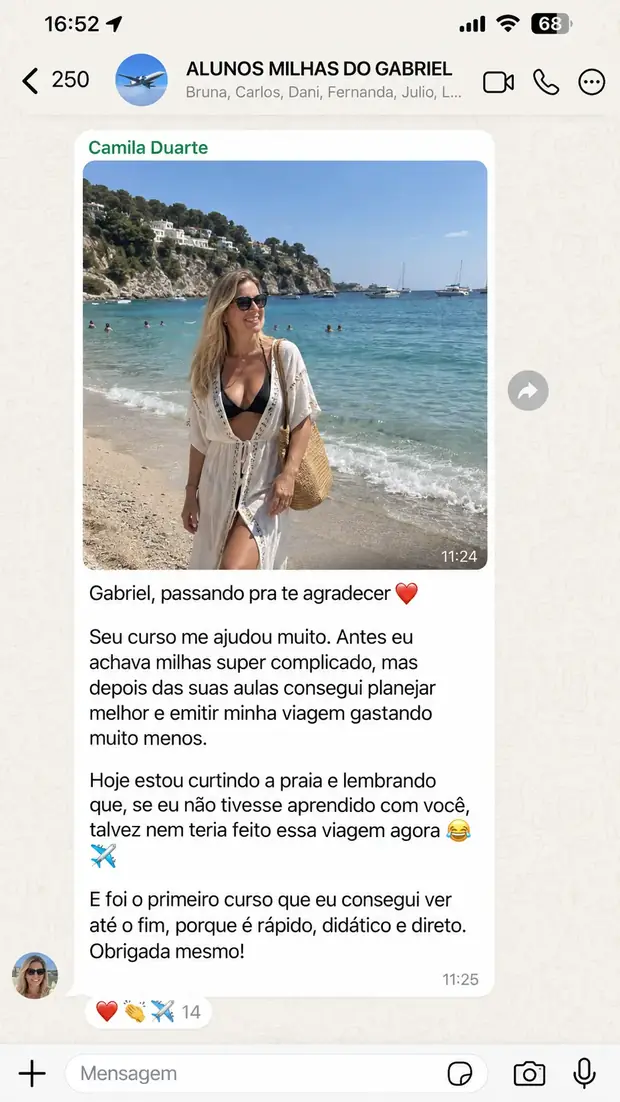 Depoimento de aluno do curso Milhas do Zero na comunidade