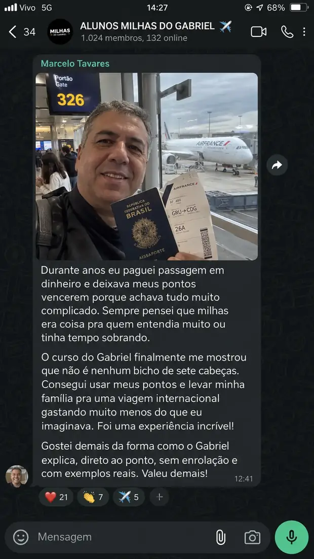 Depoimento de aluno do curso Milhas do Zero na comunidade
