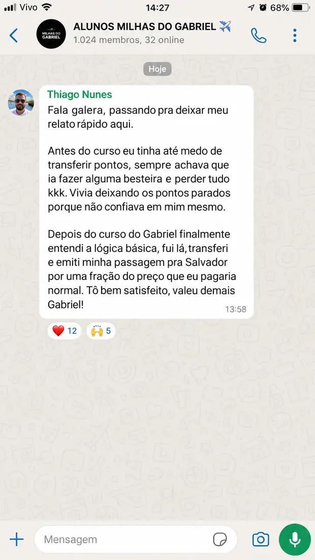 Depoimento de aluno do curso Milhas do Zero na comunidade