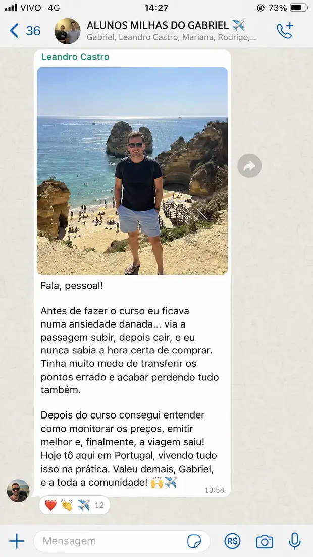 Depoimento de aluno do curso Milhas do Zero na comunidade