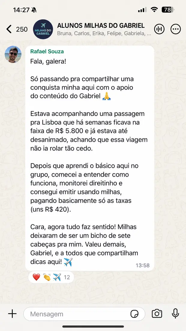 Depoimento de aluno do curso Milhas do Zero na comunidade