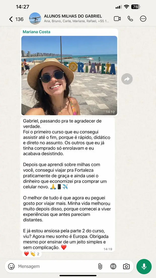 Depoimento de aluno do curso Milhas do Zero na comunidade
